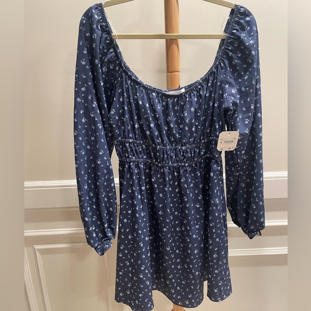 NWT Made in USA Altar’d State Blue Floral Wide Neck Long Sleeve Dress Size L